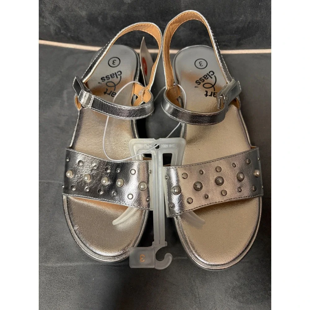 Art Class Liana Silver Metallic Studded Pearl Platform Sandals Girls Size 3 NEW